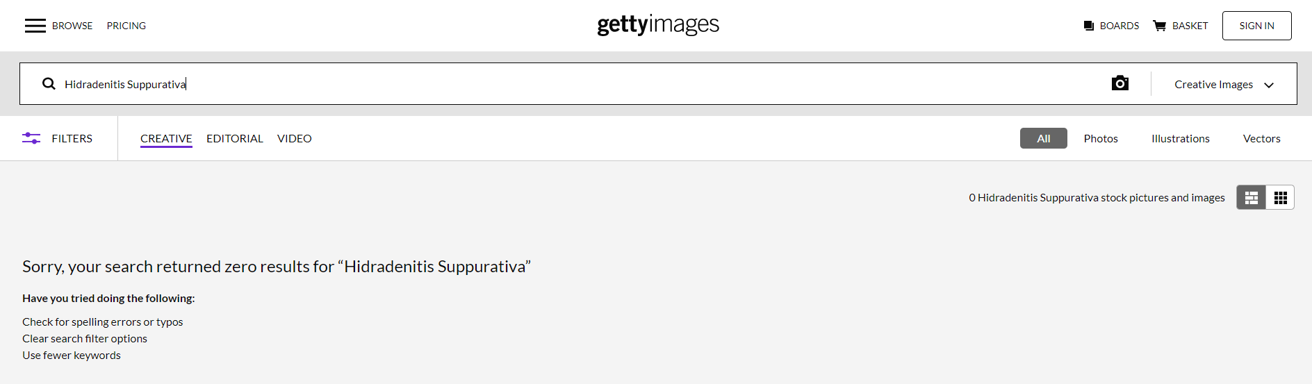 Getty Images shows zero results for hidradenitis suppurativa